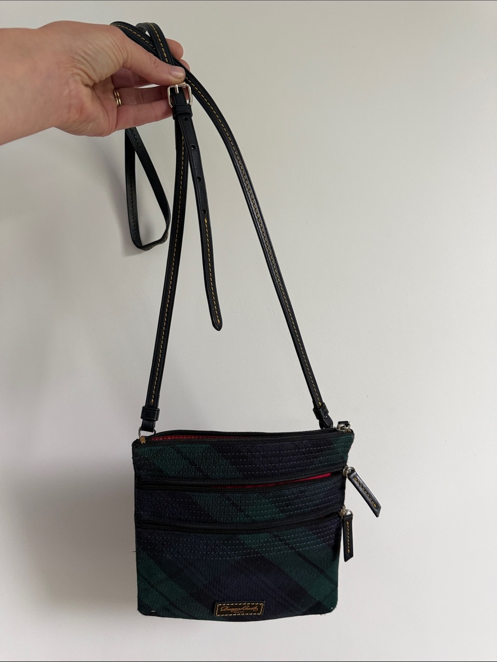 Dooney & Bourke Navy and Green Plaid Crossbody Bag Red Interior
